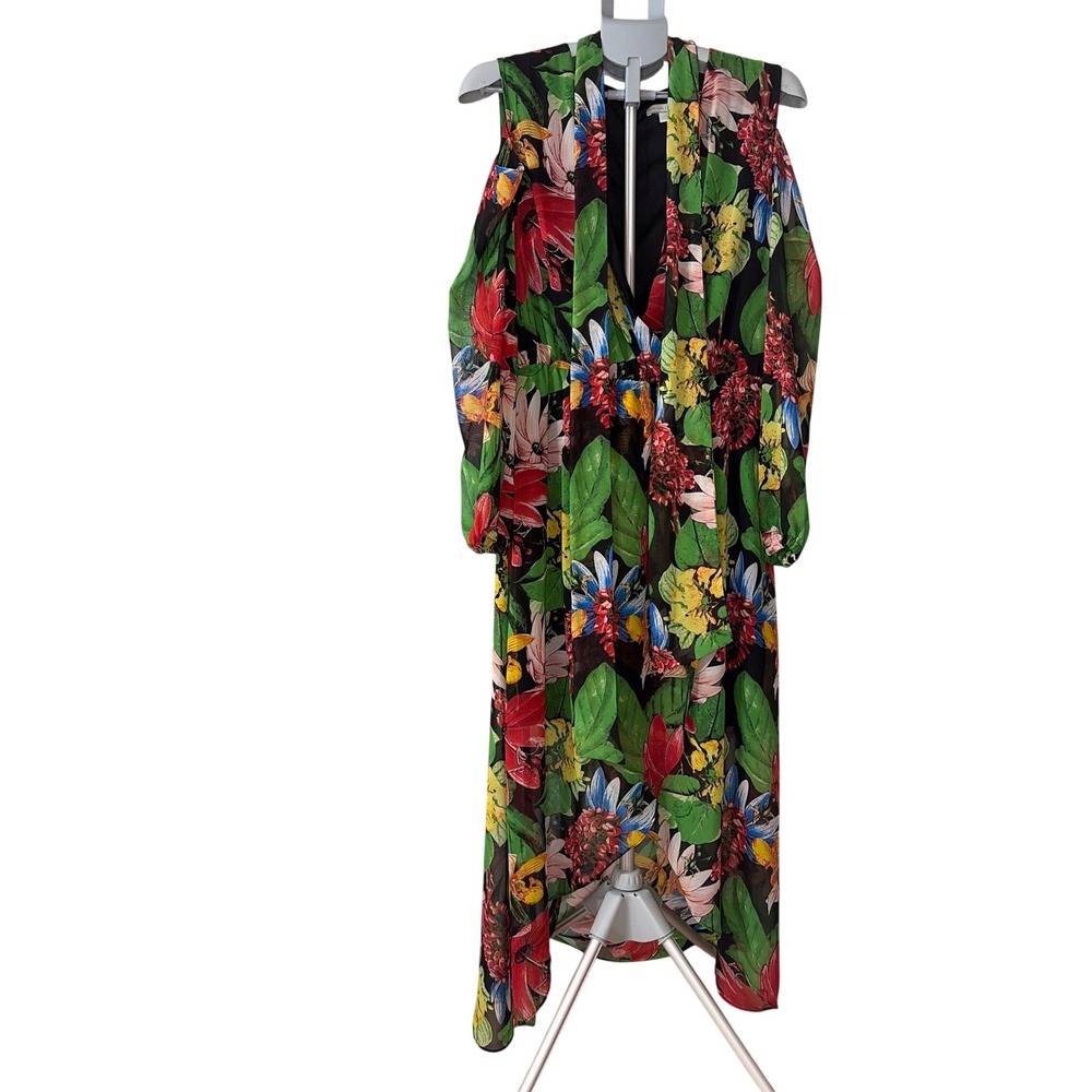 New York & Company Floral Cold Shoulder Maxi Dress XL Black Tropical Long Sleeve